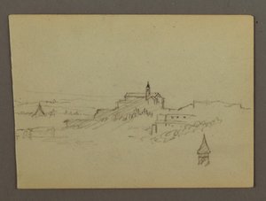 Piirros, Kylä mäen päällä, mahdollisesti 1868-69. tekijältä Frederic Edwin Church