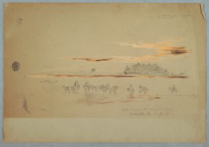 Piirros, Vesikulkuneuvot Magdalenan (lahdella), Barranquilla, Nueva Grenadan tasavalta, nykyinen Kolumbia, 2. toukokuuta 1853. tekijältä Frederic Edwin Church
