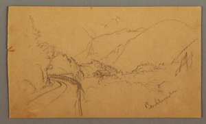 Piirros, mutkitteleva tie laakson läpi, talo, mahdollisesti 1868 tekijältä Frederic Edwin Church
