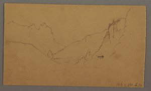 Piirros, mutkitteleva tie laakson läpi, talo, mahdollisesti 1868 tekijältä Frederic Edwin Church