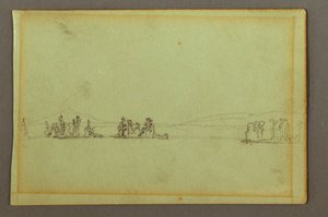 Piirros, Metsäsaaret, mäkinen ranta, mahdollisesti 1856 tekijältä Frederic Edwin Church