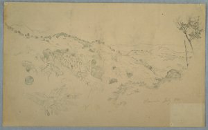 Piirros, Metsäinen laakso, jossa on suuri saniainen ja kaukaisia vuoristoja, Jamaika, heinäkuu 1865. tekijältä Frederic Edwin Church