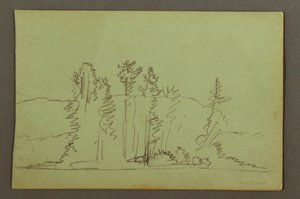 Piirros, Järven metsäinen ranta, mahdollisesti 1856 tekijältä Frederic Edwin Church