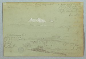 Näkymät Artisanan tulivuorelle Quitosta tai sen lähellä ja pilvinen taivas vuoren harjanteen yllä, Ecuador tekijältä Frederic Edwin Church