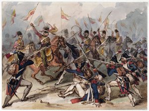 Ranskan jalkaväki ja venäläiset husaarit taistelussa Austerlitzissä - Ranskan jalkaväki ja venäläiset husaarit taistelussa Austerlitzissä - Goupil-Fesquet, Frederic (1817-1878) - Vesiväri paperille - 21,2x28,6 - Yksityiskokoelma tekijältä Frédéric Goupil Fesquet