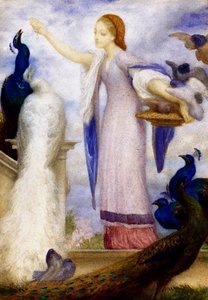 "Jene fille nourrissant les paons" Hän on pukeutunut antiikin tyyliin. Lord Frederic Leightonin (1830-1896) (prerafaeliitti) maalaus. tekijältä Frederic Leighton