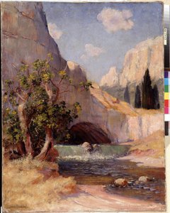 Näkymä Provencen Fontaine du Vaucluse maisemaan. Frederic Montenardin (1849-1926) maalaus Dim. 65x50,5 cm Pakollinen maininta: Collection fondation regards de Provence, Marseille