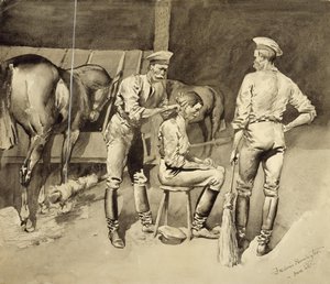 Hiustenleikkaus ratsuväen tallissa tekijältä Frederic Remington