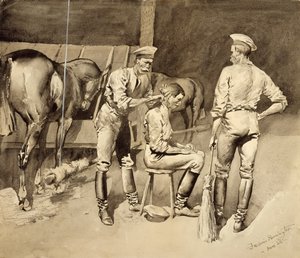 Hiustenleikkaus ratsuväen tallissa, n. 1893 (wc paperilla) tekijältä Frederic Remington