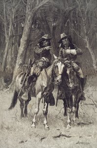 Cheyennen partiolaiset partioivat Pohjois-Kanadan Big Timberillä, Oklahomassa, 6. huhtikuuta tekijältä Frederic Remington
