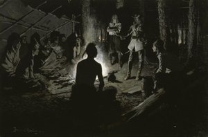 Ranskalaisen tutkimusmatkailijan neuvosto intiaanien kanssa tekijältä Frederic Remington