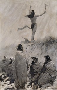 Tulisyöjä kohotti kätensä ukkoslintua kohti tekijältä Frederic Remington