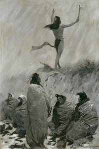 Tulisyöjä kohotti kätensä ukkoslintua kohti, noin 1900 tekijältä Frederic Remington