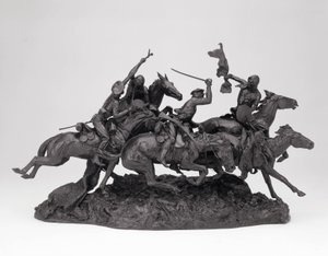 The Old Dragons of 1850, mallittu 1905, valettu 1905-09 (pronssi mustalla patinalla) tekijältä Frederic Remington