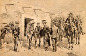 Yhdysvaltain ratsuväen metsästys Garza-miehiä Rio Grandessa, n. 1892 (wc paperilla) tekijältä Frederic Remington