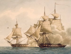 Taistelut ranskalaisen fregatin Amazonin ja brittiläisen fregatin Santa Margheritan välillä Chesapeake Baylla, 29. heinäkuuta tekijältä Frederic Roux