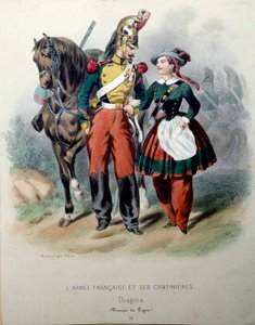 Ranskalainen armee ja sen kannet: Lohikäärme ja Cantiniere -litografia, Frederic Sorrieu (1807-?) 1800-luvun Pariisi, koristetaide