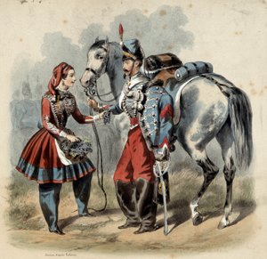 Ranskan armeija ja sen kantinierit: Hussard ja cantiniere de troupe de line. Kaiverrus Frederic Sorrieu (1807 -?)