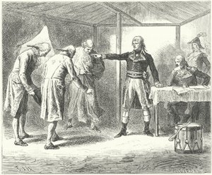 Napoleon erotti venetsialaisen valtuuskunnan ranskalaisten Venetsian ja Veronan joukkomurhien jälkeen tekijältä Frederic Theodore (after) Lix