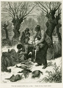 Pyydä ankat verkkoon. Lixin kaiverrus havainnollistamaan tarinaa A Through Alsacen ja Lorraine, vuonna 1887, Charles Grad, saksalainen edustaja, tour du monde 1888, ohjaaja Edouard Charton (1807-1890), Hachette, Paris. tekijältä Frederic Theodore Lix