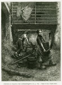 Lapsityövoimaa briketoinnissa, Barr. Lixin kaiverrus havainnollistamaan tarinaa A Through Alsacen ja Lorraine, vuonna 1887, Charles Grad, saksalainen edustaja, tour du monde 1888, ohjaaja Edouard Charton (1807-1890), Hachette, Paris. tekijältä Frederic Theodore Lix