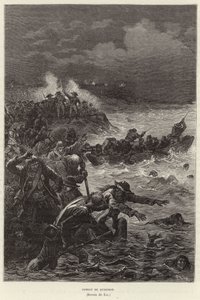 Quiberonin taistelu. Chouannerien ja Vendee-kapinan kannattajat yrittävät paeta republikaanijoukkoja Quiberonissa, Ranskassa, Ranskan vallankumouksessa tekijältä Frederic Theodore Lix