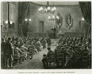 Konferenssi Dollfus Mieg -työpajojen työntekijöille Dornachissa. Lixin kaiverrus havainnollistamaan tarinaa Elsassin ja Lorrainen läpi, Charles Grad, saksalainen deputer, vuonna 1885, tour du monde 1886, ohjaaja Edouard Charton (1807-1890), Hache tekijältä Frederic Theodore Lix