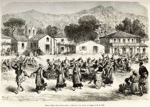 Kansantanssi kylän aukiolla Haggia Anna (Pyhä Anna). Kaiverrus Lixin piirustuksen jälkeen havainnollistamaan matkaa Kreikassa, Henri Belle, 1861-1868-1874, julkaistu "" Le tour du monde""" 1876, toimittanut Edouard Charton, Hachette painos, Paris tekijältä Frederic Theodore Lix