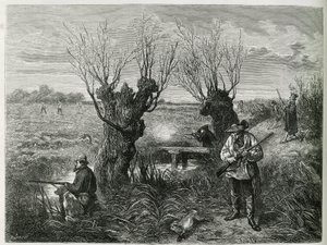 Metsästä jänistä. Kaiverrus F.Lix, havainnollistamaan tarinaa "Through Alsace and Lorraine", vuonna 1884, Charles Grad tekijältä Frederic Theodore Lix