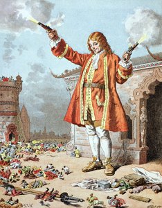 He kaikki kaatuivat taaksepäin kuin ukkosen iskemänä", kuvitus Jonathan Swiftin (1667-1745) kirjasta "Gulliverin matkat". tekijältä Frederic Theodore Lix