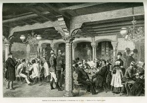 Tiefenkeller-tavernan sisustus Strasbourgissa. Lixin kaiverrus havainnollistamaan tarinaa A Through Alsacen ja Lorraine, vuonna 1887, Charles Grad, saksalainen edustaja, tour du monde 1888, ohjaaja Edouard Charton (1807-1890), Hachette, Paris. tekijältä Frederic Theodore Lix