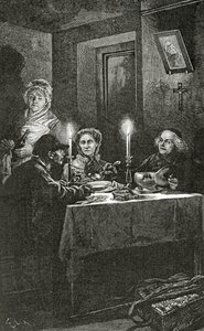 Jean Valjeanin vastaanottaa ja hoitaa piispa Myriel, 1800-luku (bw-kaiverrus)