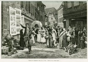 Valittaa laulaja Barrin kaduilla. Lixin kaiverrus havainnollistamaan tarinaa A Through Alsacen ja Lorraine, vuonna 1887, Charles Grad, saksalainen edustaja, tour du monde 1888, ohjaaja Edouard Charton (1807-1890), Hachette, Paris. tekijältä Frederic Theodore Lix