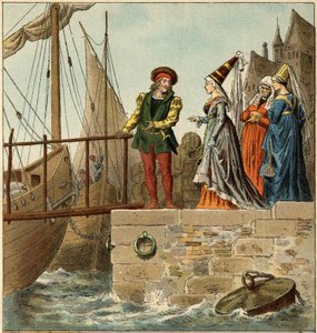 Suosittu kappale: "A Nantes on saapunut"". Kuvitus (yksityiskohta) Frederic Theodore Lix (1830-1897) teoksessa ""Lasten lauluja ja kierroksia Ranskan maakunnista"" tekijältä Frederic Theodore Lix