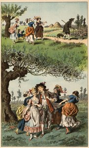 Suosittu kappale: "Me olimme kolme tyttöä"". Frederic Theodore Lixin (1830-1897) kuvitus teoksessa "" Chansons et rounds enfantines des provinces de la France"" tekijältä Frederic Theodore Lix