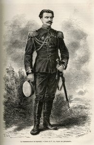 Matkustaja ja kertoja Prjewalskin everstiluutnantti muotokuva, F.Lixin piirustus havainnollistamaan Prjewalskin everstiluutnantti matkaa Mongoliaan ja Tanguten maahan vuosina 1870-1873. Kaiverrus kirjassa Le tour du monde tekijältä Frederic Theodore Lix