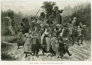Sadon palautus. Lixin kaiverrus havainnollistamaan tarinaa A Through Alsacen ja Lorraine, vuonna 1887, Charles Grad, saksalainen edustaja, tour du monde 1888, ohjaaja Edouard Charton (1807-1890), Hachette, Paris. tekijältä Frederic Theodore Lix