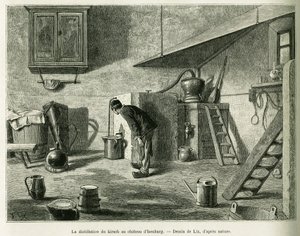 Kirschin tislaus Isenburgin linnassa. Lixin kaiverrus havainnollistamaan tarinaa A Through Alsacen ja Lorraine, vuonna 1887, Charles Grad, saksalainen edustaja, tour du monde 1888, ohjaaja Edouard Charton (1807-1890), Hachette, Paris.