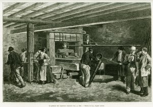 Elsassin viininviljelijöiden viinipuristin. Lixin kaiverrus havainnollistamaan tarinaa A Through Alsacen ja Lorraine, vuonna 1887, Charles Grad, saksalainen edustaja, tour du monde 1888, ohjaaja Edouard Charton (1807-1890), Hachette, Paris. tekijältä Frederic Theodore Lix