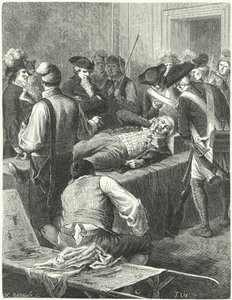 Haavoittunut Maximilien Robespierre yleisen turvallisuuden komiteassa odottamassa teloitustaan, 1794 tekijältä Frederic Theodore Lix