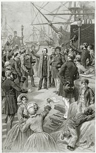 Victor Hugo tervehtii universaalia tasavaltaa maanpaossa pitämässään puheessa 1. elokuuta 1852, 1800-luvulla (bw-kaiverrus) tekijältä Frederic Theodore Lix
