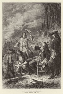 Villars siunaa Malplaquetia. Claude Louis Hector de Villars, Ranskan marsalkka, haavoittui Malplaquetin taistelussa, Espanjan peräkkäissodassa tekijältä Frederic Theodore Lix