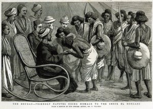 The Soudan: Ystävälliset alkuasukkaat kunnioittamassa Sheik el Morgania, teoksesta The Graphic, 19. huhtikuuta 1884 (kaiverrus) tekijältä Frederic Villiers
