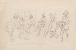 "Cavagnarin ja Lalpuran khaanin tapaaminen Dakassa helmikuussa 1879" (lyijykynä) tekijältä Frederic Villiers