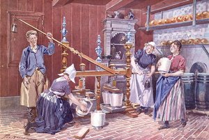 Juuston tuotanto Hollannissa, n. 1900 (väri litho) tekijältä Frederic de Haenen