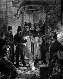 Dominikaanisten karkottaminen Pariisin Rue de Jean de Beauvais -kadulta Jules Ferryn maaliskuussa 1880 antamien asetusten ja luvattomien uskonnollisten seurakuntien jäsenten opettamisoikeuden poistamisen seurauksena: R.P. Mercille annettujen asetusten tied tekijältä Frederic de Haenen