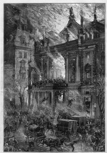 Opera Wiener Ringtheaterin tulipalo Wienissä (Itävalta) 5. joulukuuta 1881. De Haenen kaiverrus teoksessa "" Le Monde Illustré"" nro 1291, 24. joulukuuta 1881.