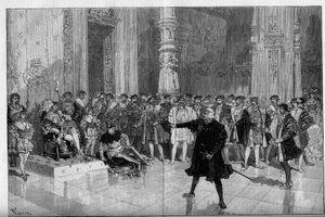 Teatteriesitys: Victor Hugon (1808-1883) "Kuningalla on hauskaa". Näytelmän I kohtaus 5: huone Louvressa, kirous. herra de Saint Vallier (Saint-Vallier) ennen kuningas Francois I:tä (Mounet Sully (tai Mounet Sully) 1841-1916) ja narri Triboulet (Edmond) tekijältä Frederic de Haenen