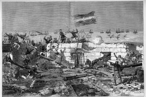 Tunisia, heinäkuu 1881: Ranskan joukot valloittivat Staxin kaupungin asukkaiden kapinan jälkeen Ranskan Tunisian protektoraattia vastaan. Merikiväärit irrottavat pyöreän akun. Kaiverrus De Haenen teoksesta "" The Illustrous World"" nro 1273, 20. elokuuta tekijältä Frederic de Haenen