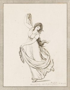 Emma, Lady Hamilton, klassisessa poseerauksessa, tanssii ja tasapainoilee oikealla jalallaan. tekijältä Frederich (after) Rehberg